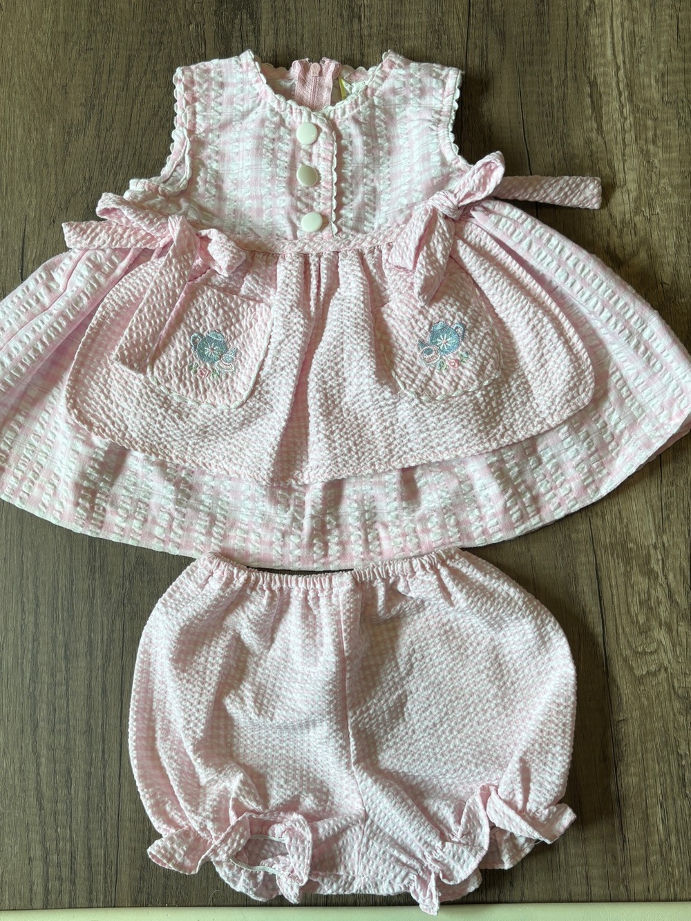 Vintage 80s 90s true vintage Baby Dress Gingham Pink Teacup Tea Party Bloomers
